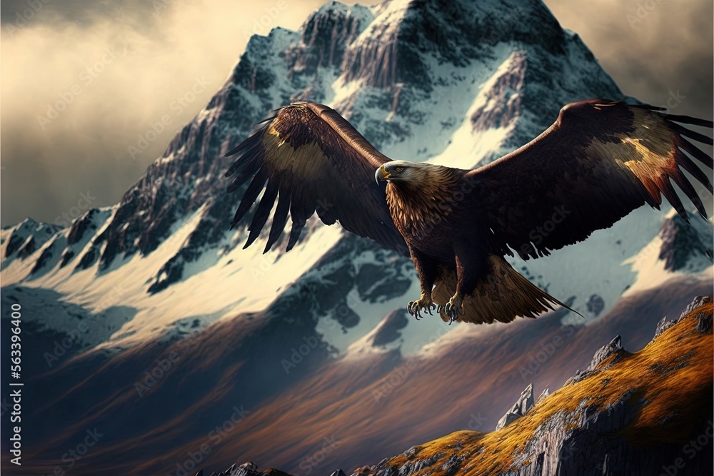 Poster  a bird flying over a mountain with a sky background and clouds above it, with a mountain in the background and a bird in the foreground with a large, with a long,. generative ai