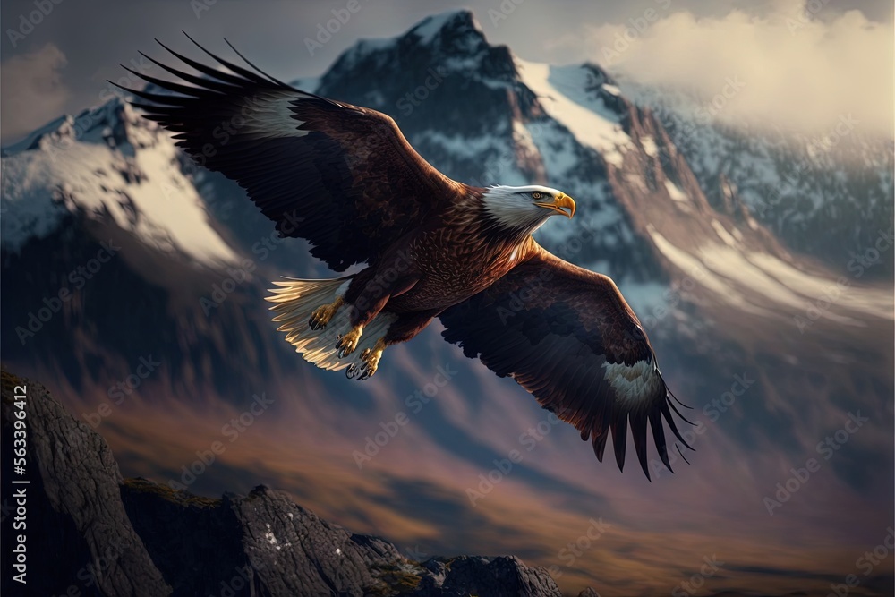 Poster a bald eagle soaring over a mountain range with a mountain in the background and clouds in the sky a