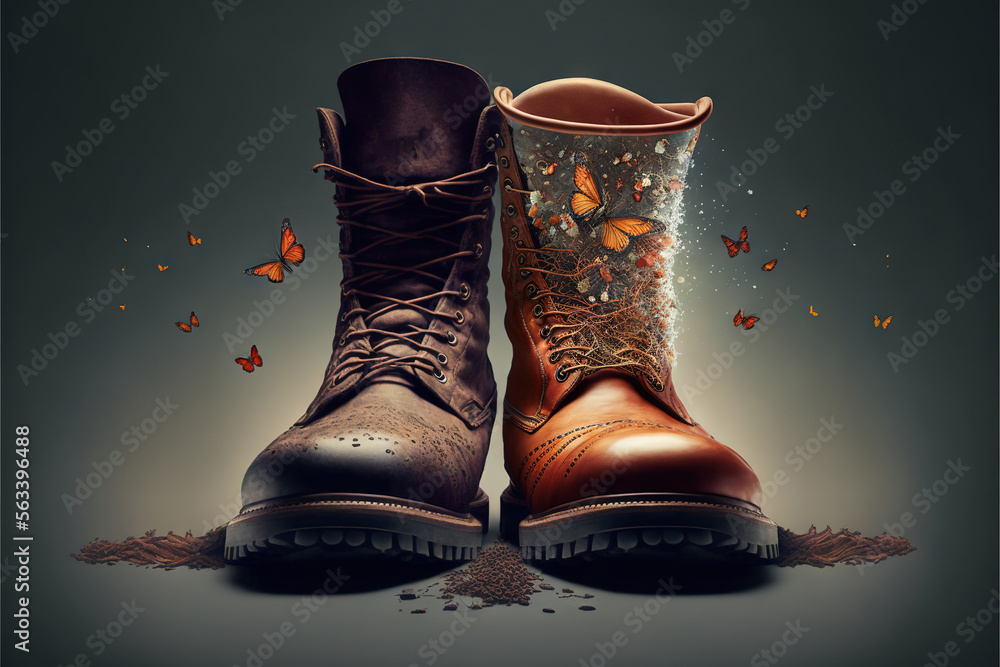 Poster a pair of boots with butterflies on them are shown in the middle of a photo with a butterfly on the 