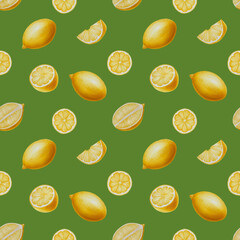 Watercolor seamless pattern with lemon. Includes lemon slices, cut lemon. Hand drawn realistic immunity strengthening set vitamins isolated illustration background