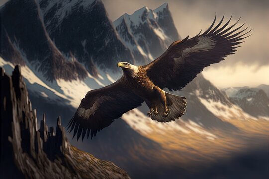  a bird of prey flying over a mountain range with a sky background and clouds in the background, with a mountain range in the foreground, and a bird of prey in the foreground. generative ai