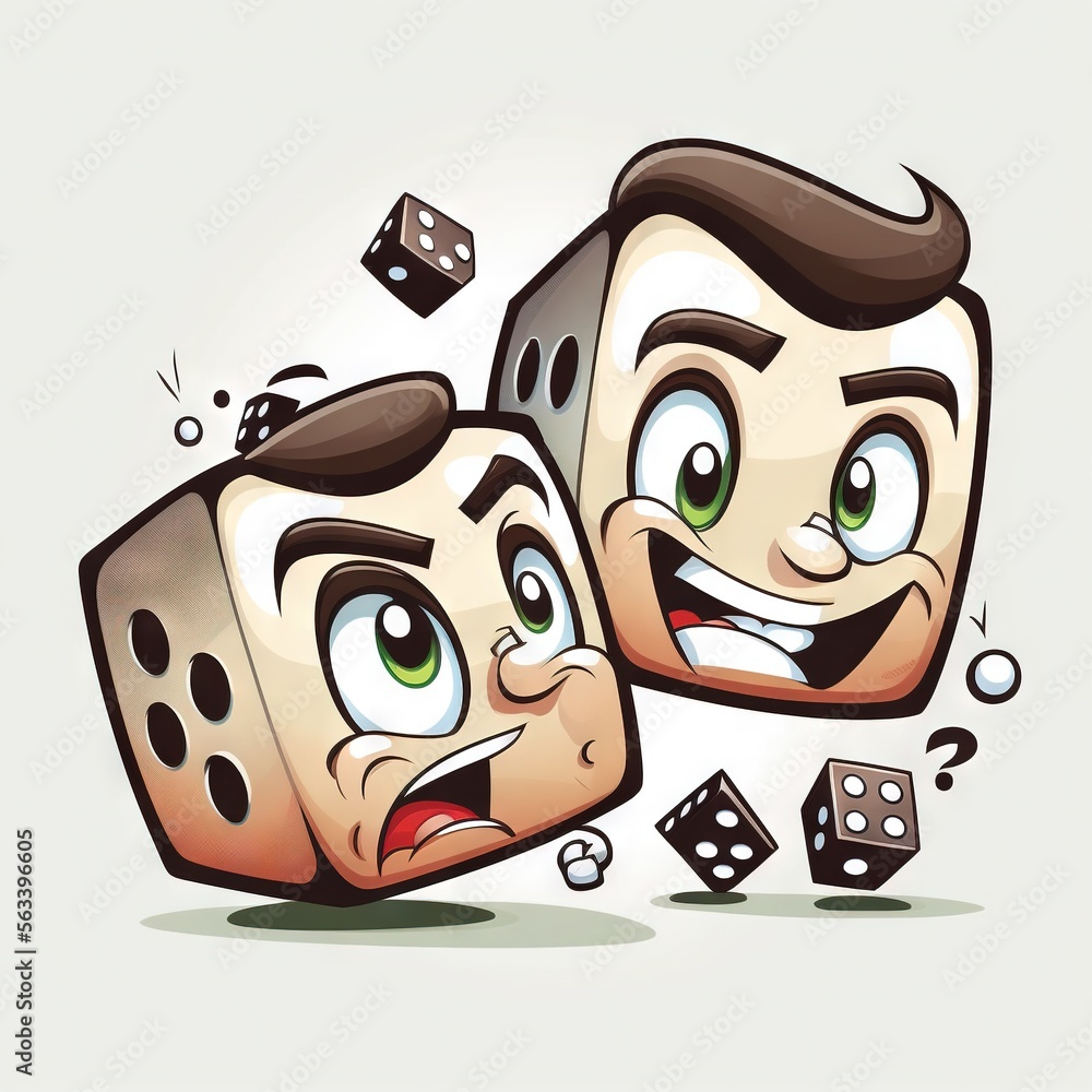Poster a cartoon dice with two faces and dices falling out of it's sides to the side, with a third dice in 