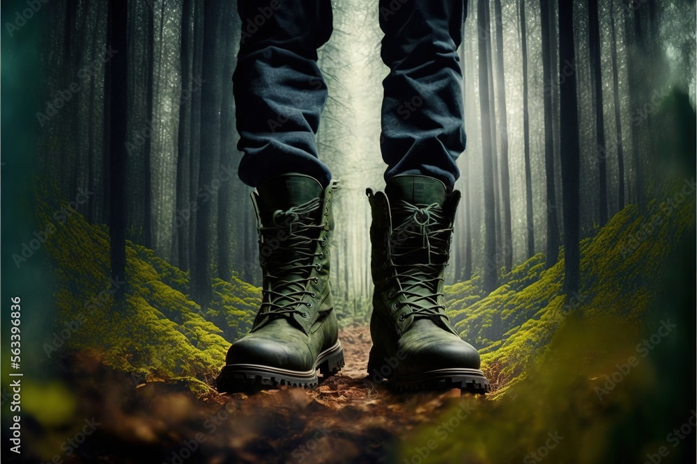 Poster a person standing in a forest with a pair of boots on their feet and a forest background with a gree