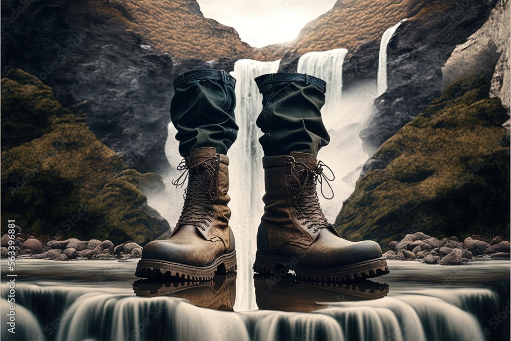 Poster a pair of boots standing in front of a waterfall with a waterfall in the background and a waterfall 
