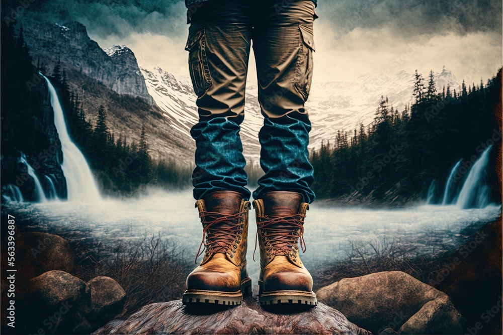 Poster a person standing on a rock with a waterfall in the background and a painting of a mountain behind t