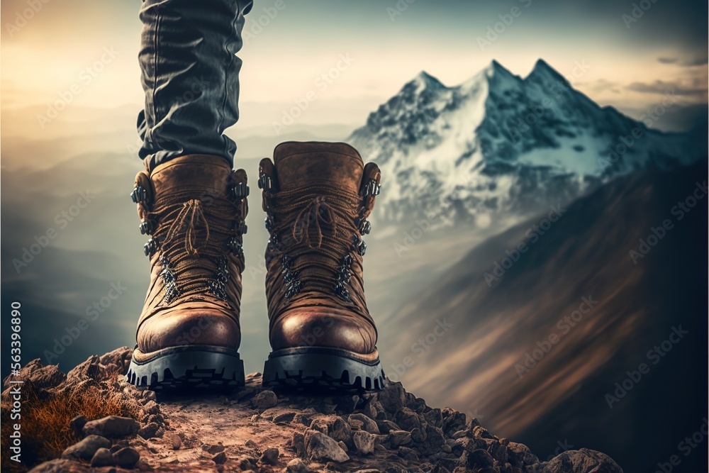 Poster a person standing on a mountain top with their feet up on a rock with a view of a mountain range in 