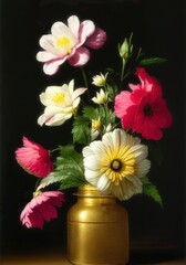 Bouquet of chrysanthemums, Yellow Jar with Flowers, Flowers Bouquet in a Vase, Jar with colorful Flowers, Flowers on Black, made with Generative AI