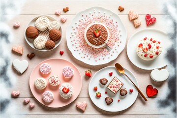  a table topped with plates of desserts and desserts on plates and a cup of coffee and a spoon and spoon on the table top of the plates are decorated with hearts and a. Generative AI - obrazy, fototapety, plakaty
