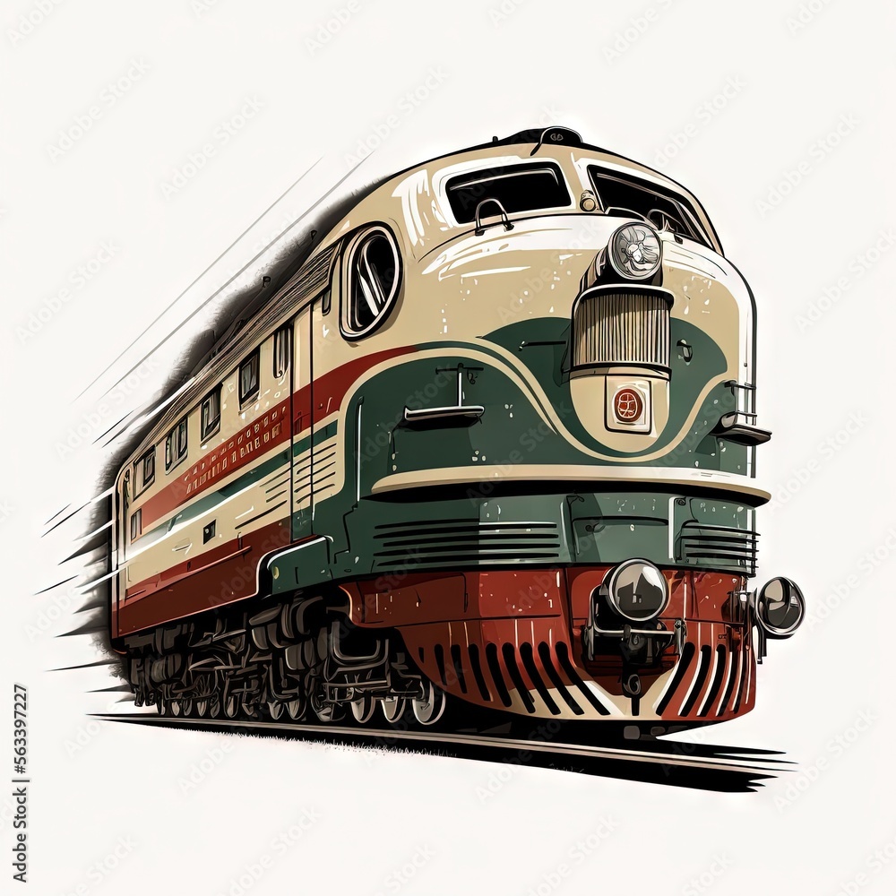 Poster a train is shown on a white background with a red stripe on the front of it and a green stripe on th