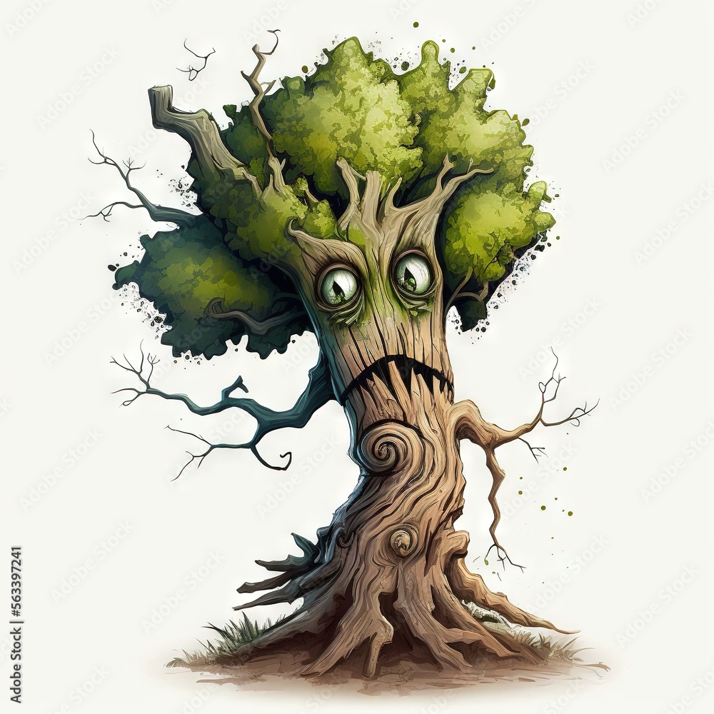 Poster a tree with a face drawn on it's trunk and branches with eyes drawn on it's trunk, with a white back