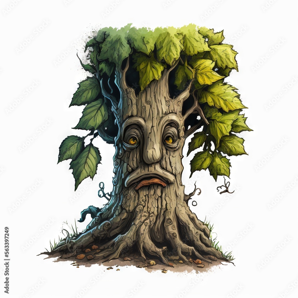 Poster a tree with a face and a green leafy tree trunk with a face on it's trunk and eyes drawn in colored 