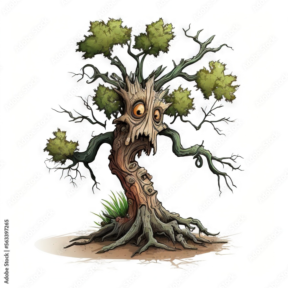 Poster a tree with a face on it and a green leafy tree trunk with a face on it, with grass and leaves aroun