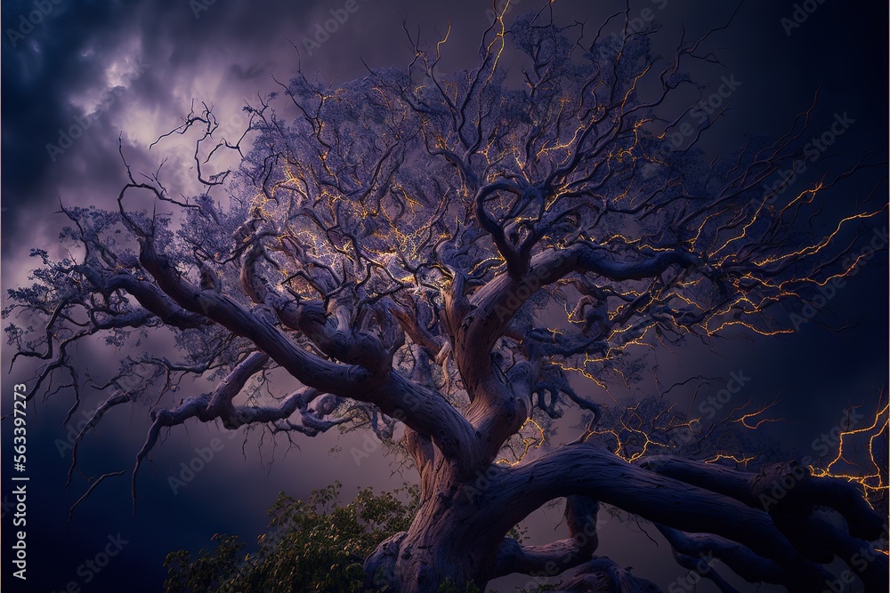 Poster a tree with a very large trunk and a very dark sky in the background with lightning coming through t