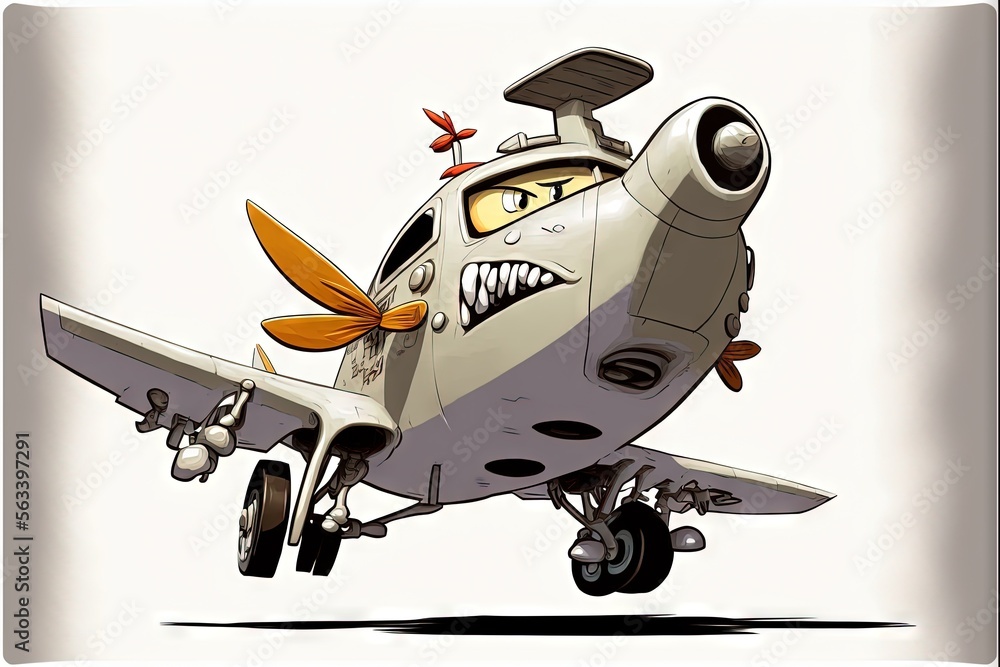 Poster a cartoon airplane with a face and a nose with a big grin on it's face and a nose with a nose with a