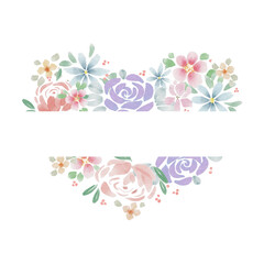 Fototapeta na wymiar Heart shape border of delicate spring flowers painted with watercolor. Floral watercolor illustration. Heart frame for wedding invitation, St. Valentine's Day greetings.
