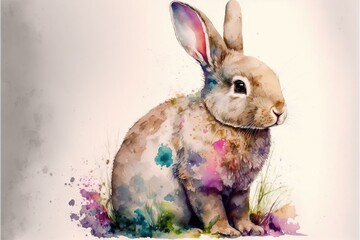  a watercolor painting of a rabbit sitting on the ground with a white background and a blue and pink spot on the right side of the rabbit's face and the left side of the image. Generative AI