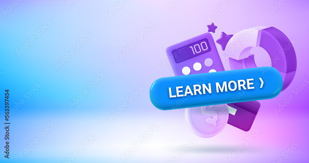 Poster Learn more button with business icons. Vector 3d banner with copy space
