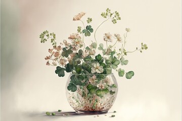  a vase filled with lots of flowers and greenery on top of a table next to a wall with a white background and a few green leaves on the bottom of the vase with a. Generative AI