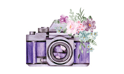 watercolor camera and floral vector, watercolor camera, camera with watercolor flower vector