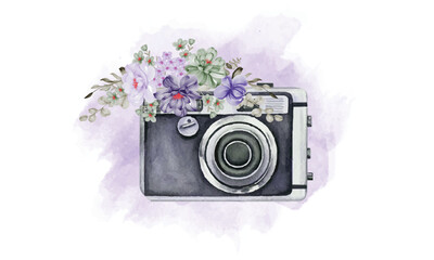 watercolor camera and floral illustration, logo design watercolor camera
