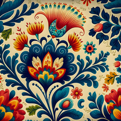 Fototapeta na wymiar Polish Folk in watercolor pattern, hand drawn illustartion, floral pattern Generative AI