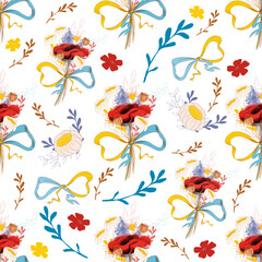 Seamless pattern. Flowers with ribbon. Ukraine. Bouquet.