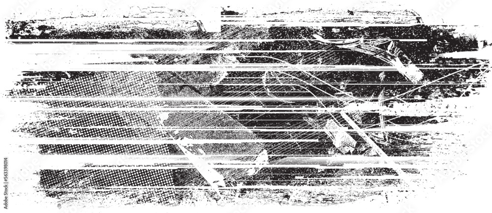 Poster glitch distorted grunge layer with a textures, lines, halftone dots, brush strokes, stripes, spots .