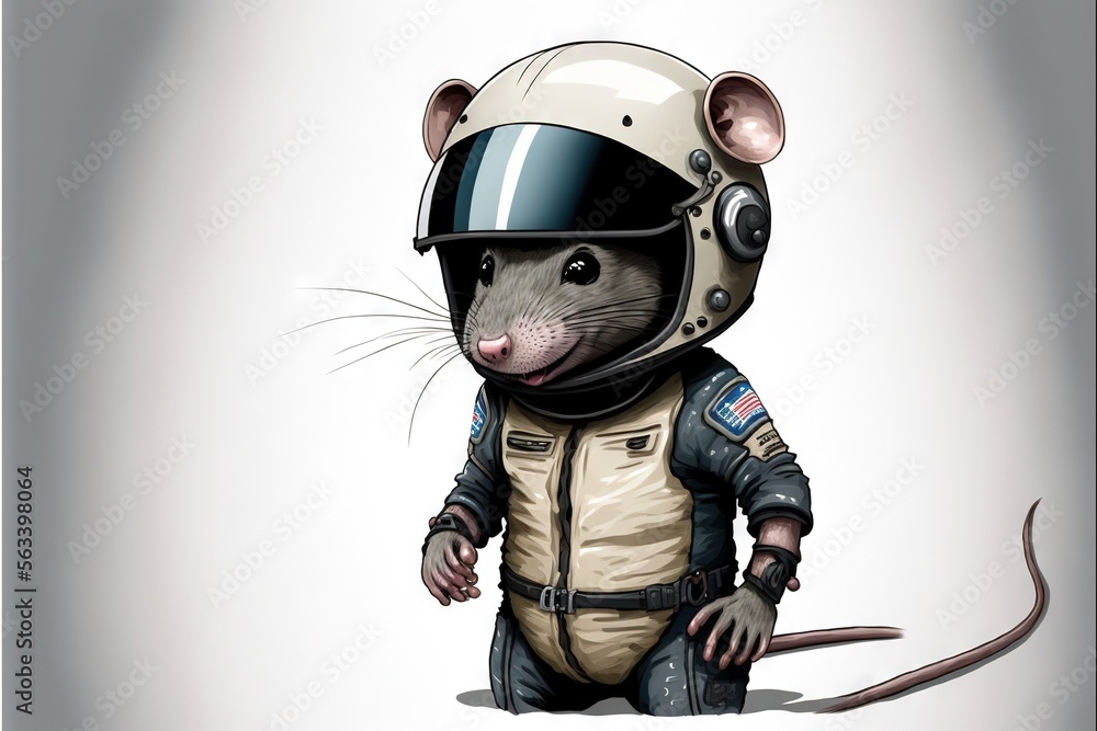 Poster a rat in a helmet and uniform with a rat tail on it's head and a rat tail on its back, standing in a