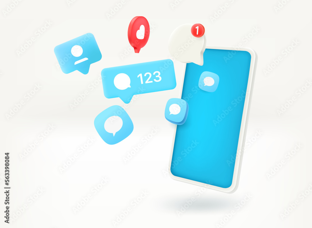 Aufkleber using social media network communication via smartphone. 3d vector illustration