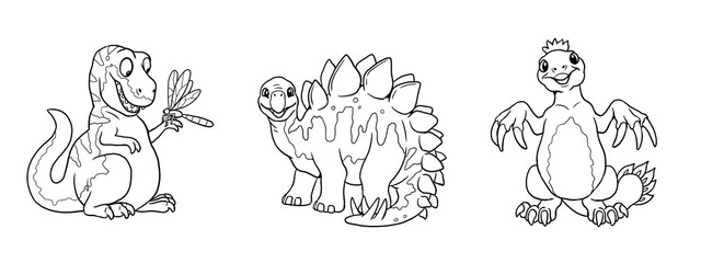 Cute dinosaurs T-rex, stegosaurus and therizinosaurus for coloring. Template for a coloring book with funny dinosaur. Coloring page for kids.	