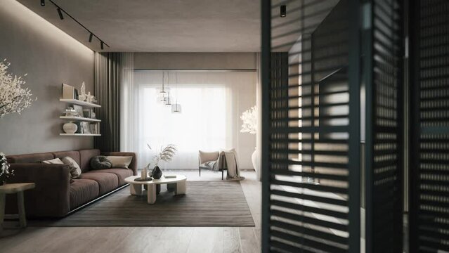 Cozy modern living room design. Elegant living room. 3d visualization