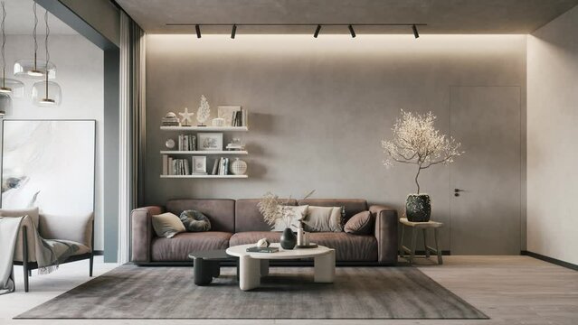 Modern minimalist living room interior design. 3d visualization