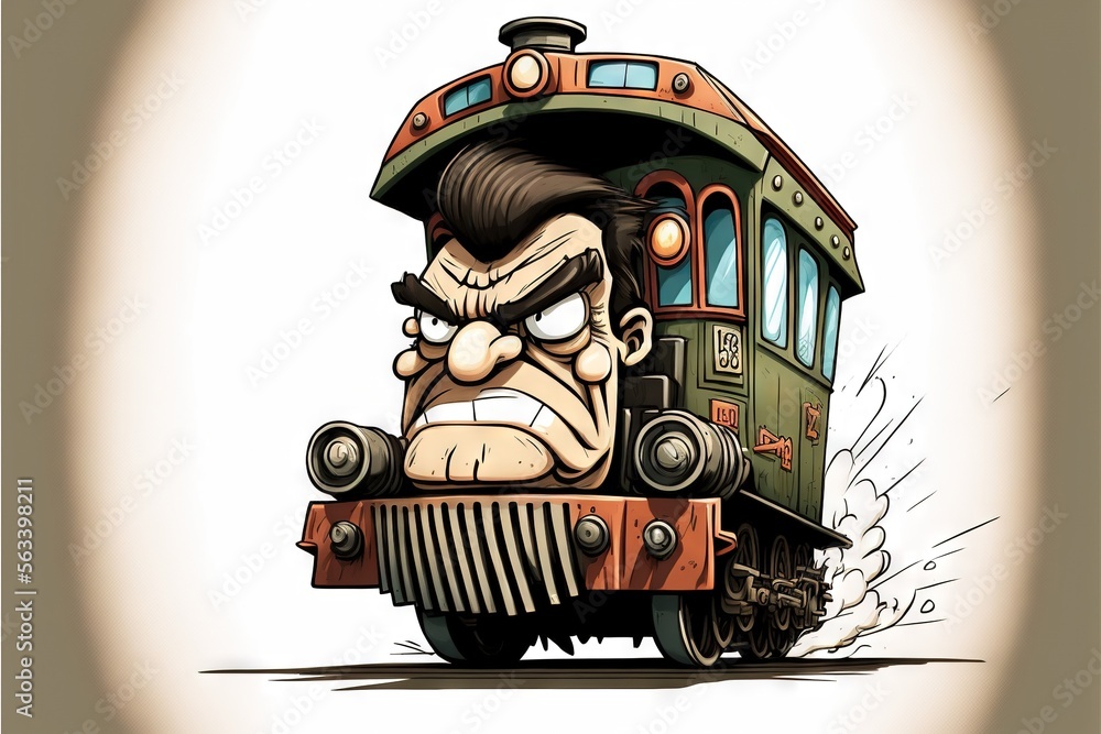 Poster a cartoon train with a man on the front of it and a train car behind it with a face on the front of 