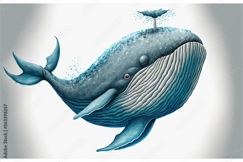 Poster a blue whale with a tiny tree on its back and a tiny bird on its back, floating in the air above it,