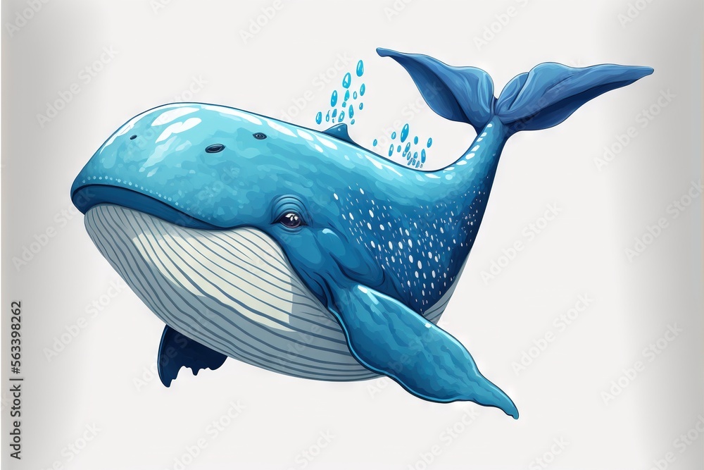 Poster a blue whale with bubbles floating in the water and a white background with a gold border around it 