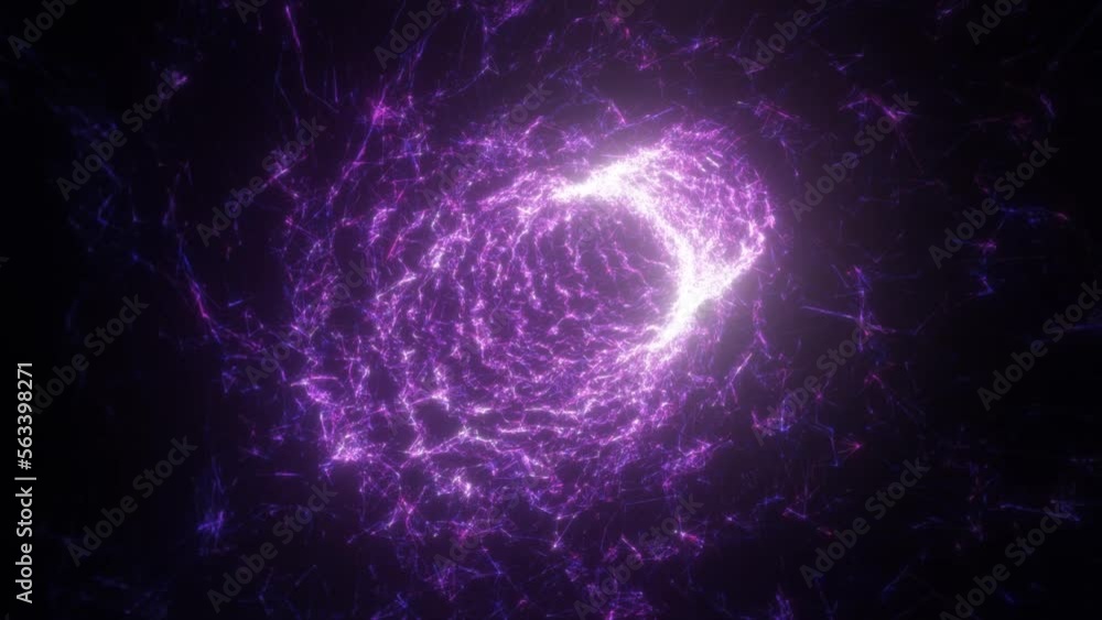 Poster abstract purple tunnel swirling from lines and particles of triangles glowing futuristic hi-tech wit