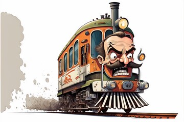 Fototapeta  a cartoon train with a man's face on the front of it's car and a train engine behind it, with smoke coming out of the car and a man's mouth. obraz