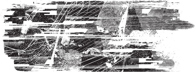 Glitch distorted grunge layer with a textures, lines, halftone dots, brush strokes, stripes, spots . Trendy defect  shapes . Overlay grunge texture . Distressed effect .Vector screen print texture.