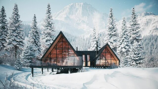Cottage in the winter forest. Eco hotel in forest. Alpine cabin snow covered. 3d animation