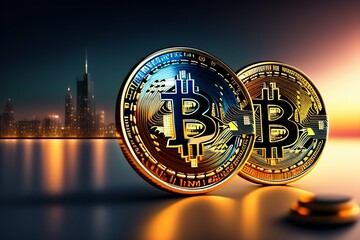 close up Bitcoin, crypto in the city background, night