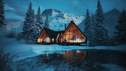 Winter cottage in the forest. Dusk lanscape with winter cottage. Winter lanscape with hotel. Lonely house in the winter forest. Cozy private house in the mountains. 3d visualization