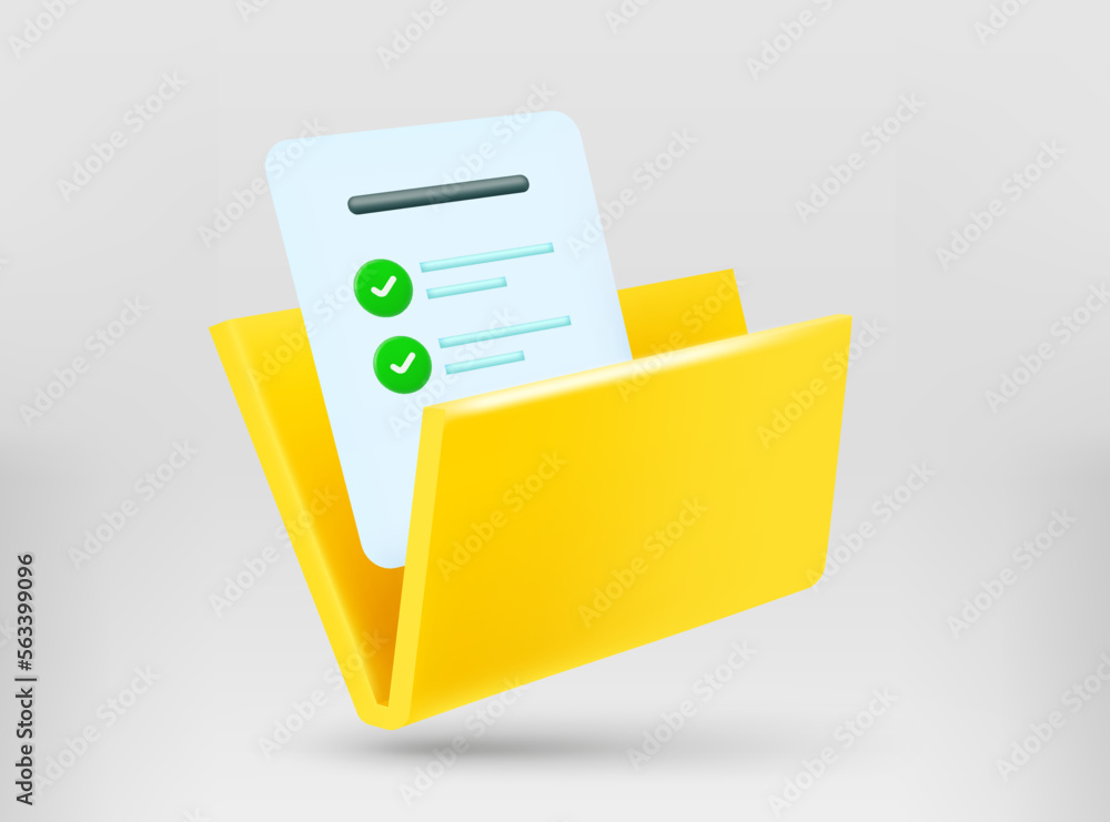 Poster yellow folder with report. 3d vector illustration