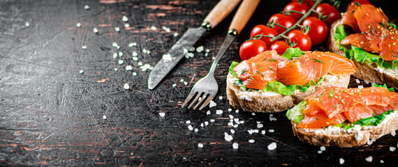 Salmon sandwich on the table with tomatoes and salt. 