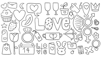 Valentines day doodles set Love theme simple. on transparent background