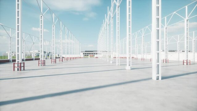 Time lapse construction of warehouse. Construction of a large warehouse for a factory. Empty industrial interior of warehouse. 3d animation