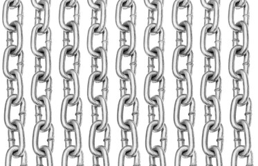 Pattern of vertical metal chains isolated on white background. Metal steel chains for industrial use. Vertical lines.