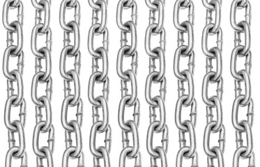 Pattern of vertical metal chains isolated on white background. Metal steel chains for industrial...