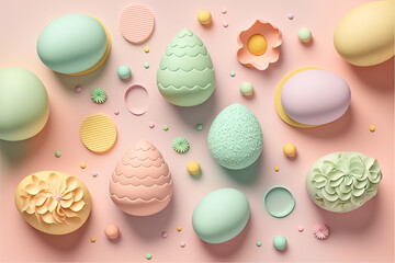 Fototapeta na wymiar Easter eggs shape and colorful spring flowers on pastel background. Happy Easter Holidays. Generative AI