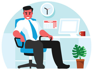 Boss at work desk. Businessman entrepreneur in a suit working on a desk computer at his office desk. Vector graphics