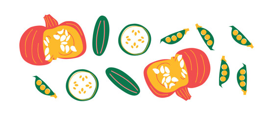 Abstract appetizing Vegetables collection. Decorative abstract horizontal banner with colorful doodles. Hand-drawn modern illustrations with Vegetables, abstract elements. Cucumber, peas, pepper.
